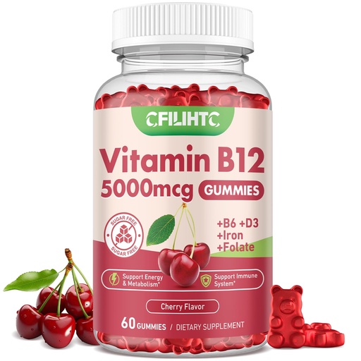 [BRSRE2QLAQFWG2AZ] Vitamin B12 Gummies for Women & Men, 5000mcg Methyl B12 Gummies with Vitamin B6, D3, Iron, Folate for Adults, Support Energy & Metabolism Boost, Mood, Immune & Nervous System, Sugar Free Cherry Flavor