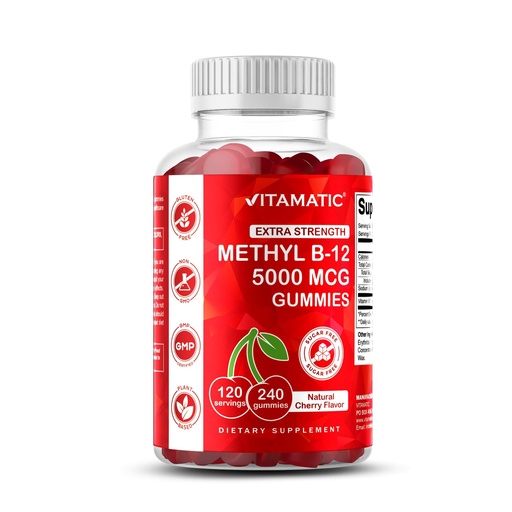 [BRSRABL5OYFWKHLJ] Vitamatic Extra Strength Vitamin B12 5000 mcg (Methyl B12) Gummies - 240 Count, Natural Cherry Flavored