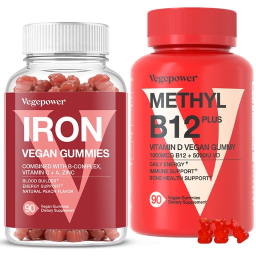 [BRSRMHA5PMCWACTB] Vegan Iron Gummies + vitamin B12 gummy | Iron Supplement Support Blood Builder & Daily Energy for Adults & Kids | Methyl B12 1000 mcg & Vitamin D 5000 IU for Energy and Immune Support - 90 Count
