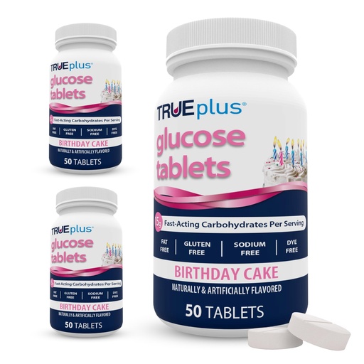 [BRSRGBA7OUBRSFDO] TRUEplus Glucose Tablets, Chewable, Birthday Cake Flavor, 15g Fast-Acting Carbohydrates, Dye Free, Gluten Free, No Fat, Boost Energy, 50 Count, 3 Bottles