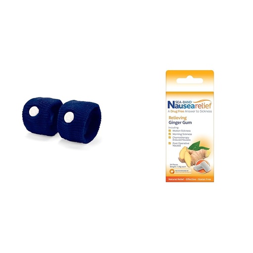 [BRSRAYYYCICQY23A] Sea-Band Anti-Nausea Acupressure Wristband for Motion & Morning Sickness - 1 Pair Navy Blue & 24 Count Ginger Gum for Motion & Pregnancy Morning Sickness