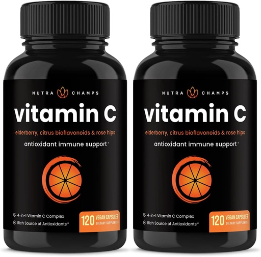 [BRSWYCA7CV5BQ33L] NutraChamps (2 Pack) Vitamin C 1000mg with Elderberry, Citrus Bioflavonoids & Rose HIPS - 120 Capsules Vegan, Non-GMO Antioxidant Supplement for Immune Health & Collagen Production 500mg Powder Pills