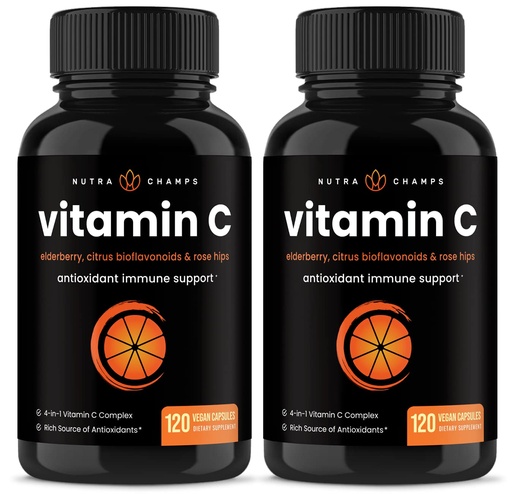 [BRSWYCA7CV5BQ33L] NutraChamps (2 Pack) Vitamin C with Elderberry, Citrus Bioflavonoids & Rose Hips - 120 Capsules Vegan, Non-GMO Antioxidant Supplement for Immune Health & Collagen Production Powder Pills
