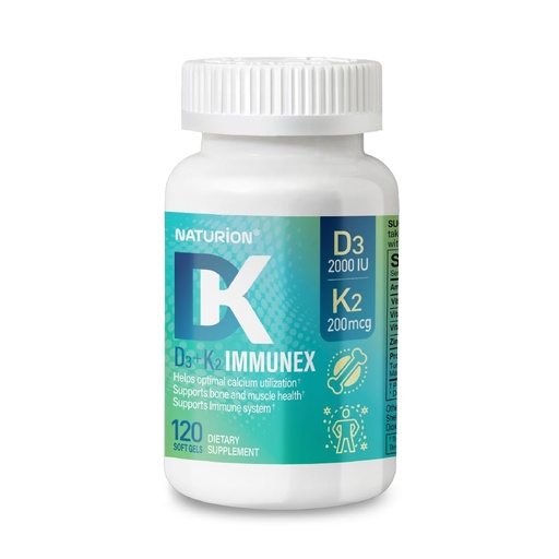 [BRSREZYQBUAWEFLA] D3+K2 IMMUNEX – Vitamin D3 2000 IU, K1 25 mcg, K2 200 mcg, Zinc 6.25 mg, DK Blend 31 mg – Supports Immune Health, Calcium Metabolism, Bone & Muscle Function – 120 Softgels, 120-Day Supply