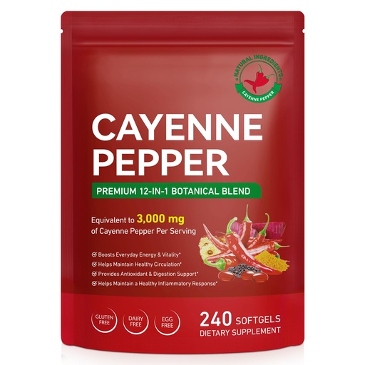 [BRSRGHQROEFGAYDH] Cayenne Pepper Softgels Supplement,Supports Healthy Circulation & Daily Energy,Rich in Vitamin E D3+K2 and Extracts of Grape Seed,Hawthorn,Beetroot,Circulation&Leg Vein Wellness 240 Capsules