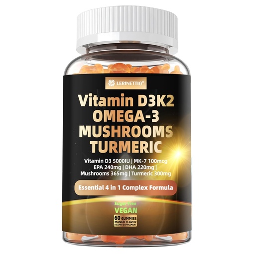 [BRSRAHTRDMPAYG3B] Vitamin D3 5000iu(125mcg) + Vitamin K2(MK7) Gummies with Algae Omega 3 | Maximum Strength Vitamin D3+K2 | for Bone, Teeth, Energy, Immune, Calcium Absorption - Vegan, Sugar Free,60Ct