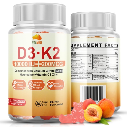 [BRSREAYKCN7BGYA6] D3+K2 Gummies with Calcium Citrate, Magnesium, Vitamin C, Zinc, 10000 IU, Peach Flavor, Sugar-Free, 60 Count
