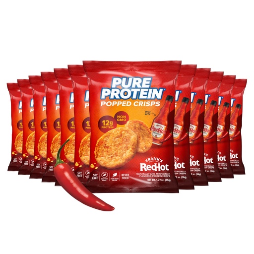 [BRSREAQZBAIBQCT6] Pure Protein Frank’s Red Hot™ Popped Crisps – Spicy Protein Snack – 12g Plant Based Protein, Gluten Free, Non GMO, Vegan, Air Popped & Puffed Crisps – Healthy Protein Snacks – 12 Pack