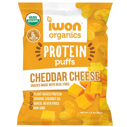 [BRSWGFIROQGWEF3X] Organic Protein Puffs - 6g Protein - Cheddar Cheese (8 Bags)