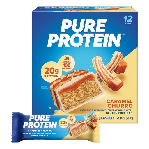 [BRSROAADDMOWEHTP] Pure Protein Caramel Churro Protein Bars – 20g Protein, 3g Sugar, 190 Calories (12 count) Low Sugar* High Protein Snack - Gluten Free - Perfect for a Healthy Snack