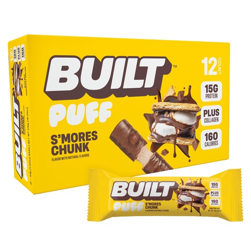 [BRSROGTYBECBYA3J] BUILT Puff Protein Bars, S'mores Chunk, 15g Protein - 12 Count | Protein Snack Bar with Collagen, Calorie Conscious, Gluten Free