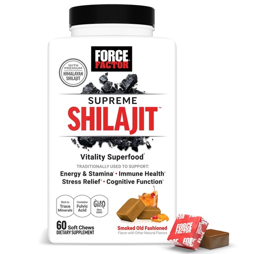 [BRSREYITOAAR4G3P] Force Factor Supreme Shilajit, Premium Himalayan Shilajit for Men & Women, Promote Energy, Stamina, Immune Health, Endurance & Focus, Smoked Old Fashioned Flavor, 60 Soft Chews
