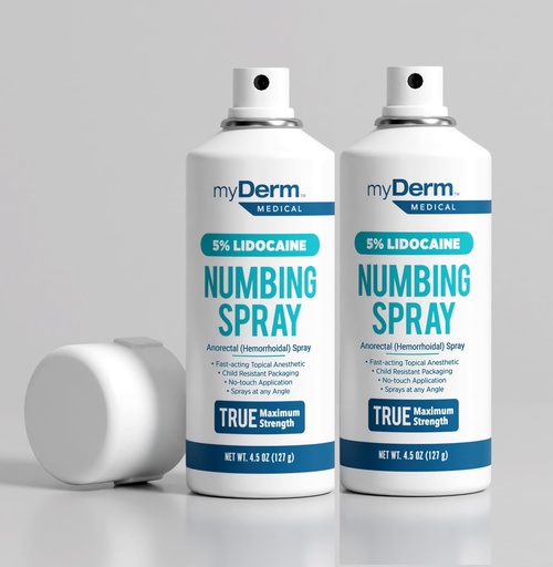 [BRSROYYYOYBGK3LX] Myderm Medical Numbing Spray - 2 Pack 4.5 OZ - Maximum Strength 5% Lidocaine with Phenylephrine HCl and Witch Hazel - Fast-Acting with Touch-Free Application - First Aid Supplies - Made in USA