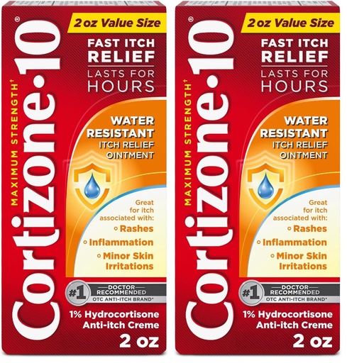 [BRSRAY35CQCROAA4] Cortizone-10 Maximum Strength Water Resistant Itch Relief Ointment,1% Hydrocortisone,Fast-Acting,Anti-Itch Cream for Bug Bites,Rash,Eczema,Psoriasis,Poison Ivy,Oak,Sumac&More,2 oz,(Pack of 2)