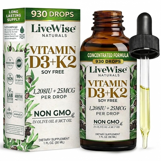 [BRSWKHD2AADGKDI5] Live Wise Naturals Vitamin D3 K2 Drops for Adults - 930 Drops, Ultra Concentrated Formulation, Fast Absorption 1208 IU Vitamin D3, 25 MCG (MK-7) - Micro-Dosing Dropper for Calcium & Bone Support