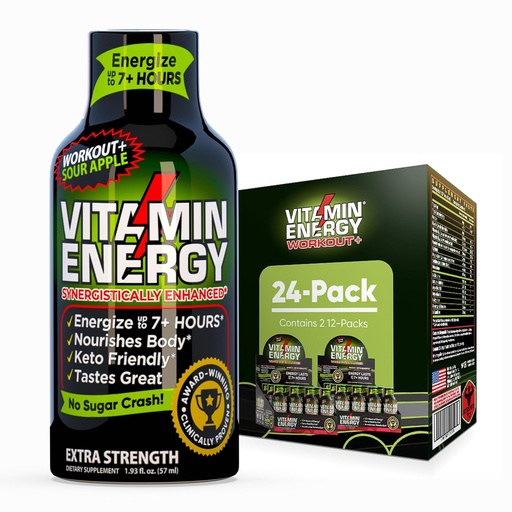 [BRSRABDYPJ5AMEQ3] Vitamin Energy Workout+ Extra Strength Energy Shot Sour Apple 24 Pack, 260mg Natural Caffeine, Pre-Workout, B-Vitamins, Minerals, Endurance & Performance, Zero Sugar, Gluten-Free, Vegan, 1.93 fl oz