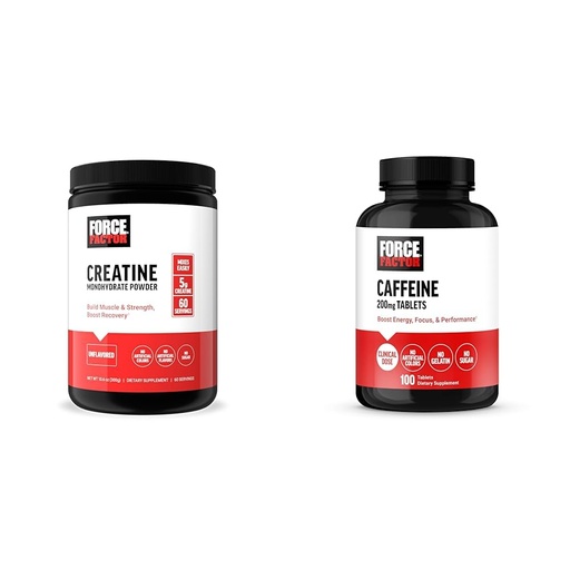 [BRSRAYYYBUNQA3LP] Force Factor Creatine Powder 60 Servings and Caffeine Tablets 100 Tablets - Creatine for Muscle Gain and Caffeine for Energy