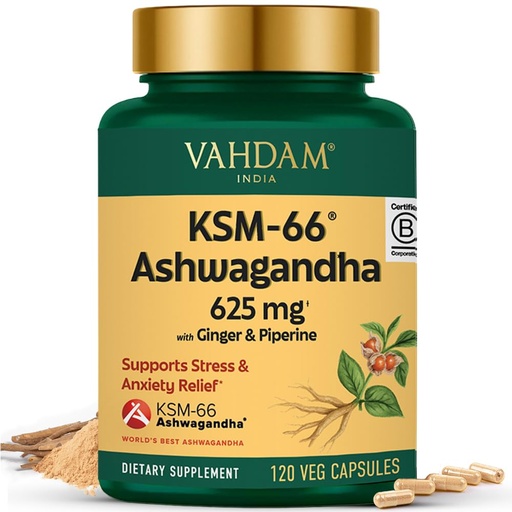 [BRSREHQNCENBYA3U] VAHDAM KSM -66 Ashwagandha 625 mg with Ginger & Piperine, Support Stress Relief (120 Capsules)