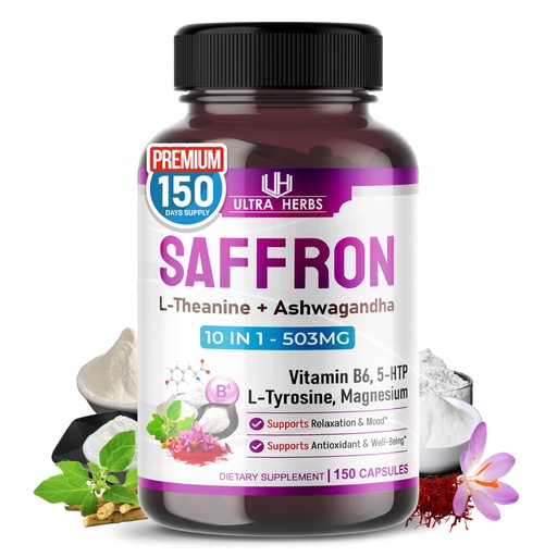 [BRSRGYD4CR7BM3TU] ULTRA HERBS Premium Saffron 10-in-1 – 905 mg with L-Theanine, Ashwagandha, Vitamin B6, 5-HTP, L-Tyrosine & Magnesium – Supports Restful Sleep, Calmness & Well-Being (150 Count, Pack of 1)