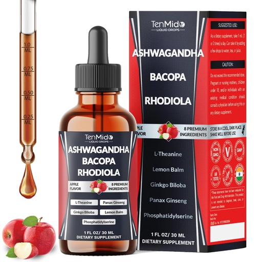 [BRSREGAYBUGR6F3U] 8in1 Ashwagandha Liquid Drops with Bacopa, Rhodiola Rosea, Phosphatidylserine, L-Theanine, Panax Ginseng, Ginkgo Biloba, and Lemon Balm - 30ml 1 Fl Oz