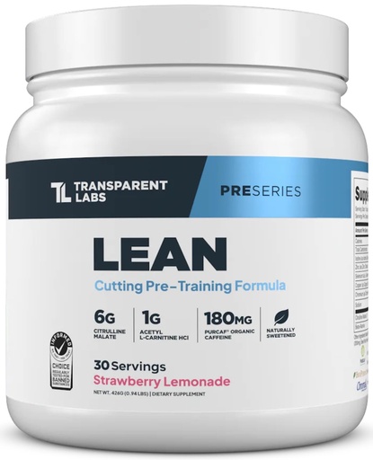 [BRSROAL2C4FW23DH] Transparent Labs Lean Pre-Workout - Body Recomposition Pre Workout for Men and Women with Acetyl L-Carnitine, Beta Alanine Powder, & PurCaf Organic Caffeine Powder - 30 Servings, Strawberry Lemonade