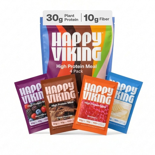 [BRSRGCQKAUBBS2A4] Happy Viking Variety Pack High Protein + Fiber Meal Powder, Protein Packets to Go, 30G Protein, 10g Fiber, Low Carb, Keto, Vegan, Gluten-Free, Non-GMO, Complete Meal Replacement, 4 Meals