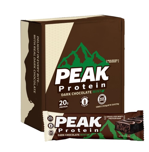 [BRSRAGA5DN5R6CIV] PEAK PROTEIN BARS - Dark Chocolate Mint - Natural - Grass-Fed Whey - 20G Protein - Non GMO - Gluten Free - Real Dark Chocolate (12 Pack)