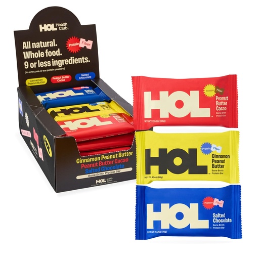 [BRSRGYYTBUMQE236] HOL Bone Broth Protein Bars, Variety Pack – Cinnamon Peanut Butter, Peanut Butter Cacao, Salted Chocolate – 20g Protein, 6g Collagen, 4g Fiber – Gluten-Free, No Seed Oils – 15 Pack