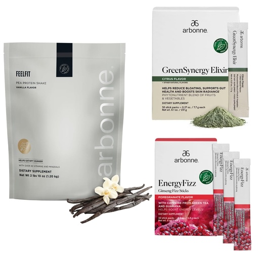 [BRSRGZD3BADQODI4] Arbonne Ginseng Energy Fizz (Pomegranate) with FeelFit Pea Protein (Vanilla) and Green Synergy Elixir