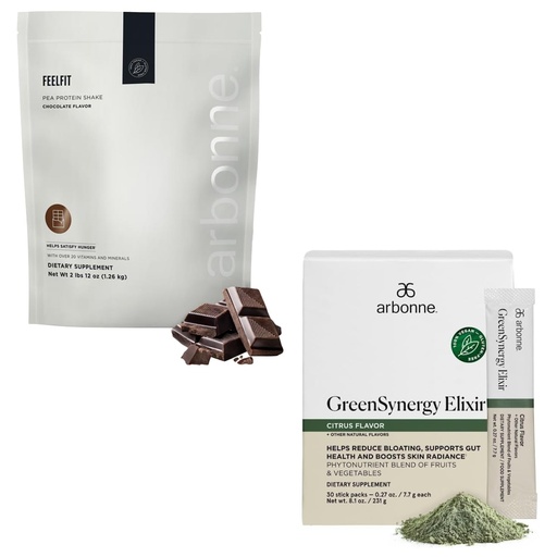 [BRSRGZD3BYHRGCYU] Arbonne Feelfit Pea Protein Shake - Daily Supplement Powder Chocolate + GreenSynergy Elixir – Citrus-Flavored Greens Powder with 13 Digestive Enzymes, Vegan Collagen Builder, Probiotics and Prebiotics