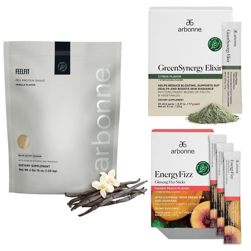 [BRSRGZD3PJ7BYYI6] Arbonne Ginseng Energy Fizz (Peach Mango) with FeelFit Pea Protein (Vanilla) and Green Synergy Elixir