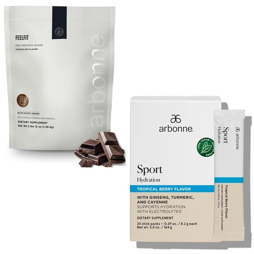 [BRSRGZAZOQOWK2QU] Arbonne Feelfit Pea Protein Shake (Chocolate) with Sport Hydration Tropical Berry Electrolyte Powder