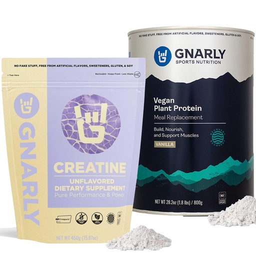 [BRSRAAIYCV6B6335] Gnarly Nutrition Creatine Powder, Unflavored (16.05oz) and Gnarly Vegan Plant Protein, Meal Replacement - Vanilla (28.2oz)