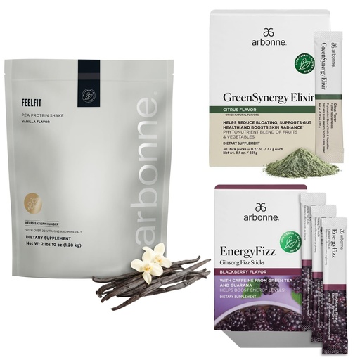 [BRSRGZD2O4HRGAI4] Arbonne Ginseng Energy Fizz (BlackBerry) with FeelFit Pea Protein (Vanilla) and Green Synergy Elixir