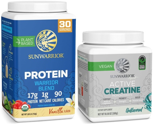 [BRSREAQFCUAQAYIY] Sunwarrior Creatine Powder & Vanilla Organic Plant Based Protein Powder Set | Bundle & Save | Vegan Organic Protein Plus Unflavored Creatine Monohydrate (60 Servings Unflavored, 30 Servings Vanilla)