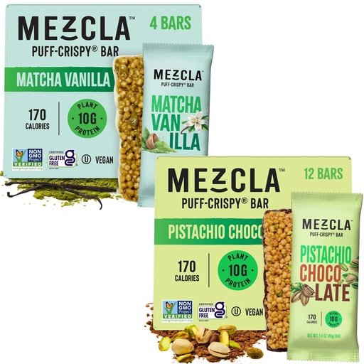 [BRSRA2QFBUGRQEL2] Mezcla Puff Crispy Protein Bars, Gluten Free & Vegan Protein Bars, 10g Protein, Granola & Breakfast Bars, Healthy Snacks for Adults, Matcha Vanilla (12 Pack) and Pistachio Chocolate (12 Pack) Bundle