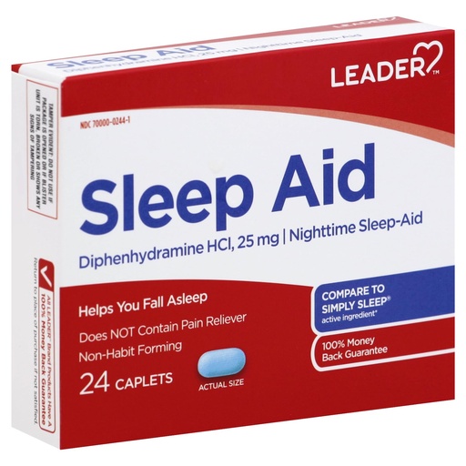 [BRSWY2T6CVYRGDL7] Leader Nighttime Sleep-Aid, Diphenhydramine 25mg, Non-Habit Forming, Supports Deeper, Restful Sleep, 24 Caplets (Compares to Simply Sleep)