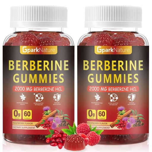 [BRSREAAQOJ7AACD6] Berberine Gummies 2000 mg, Berberine Supplement with Ceylon Cinnamon, Turmeric, Milk Thistle, Magnesium, Chromium for Immune Support, Sugar Free, Vegan, Raspberry Flavor, 120 Count-2 Pack