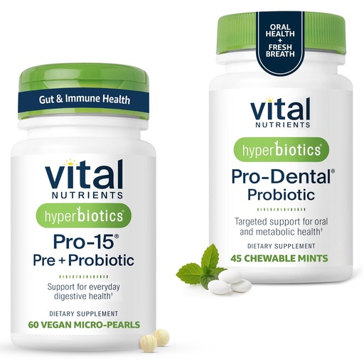 [BRSREAQOAAHQGETH] Hyperbiotics Vital Nutrients Gut & Oral Health Bundle – Pro-15 Digestive Prebiotics + Probiotics (60 Time Release Pearls) & Pro-Dental Oral Probiotics with BLIS K12 & M18 (45 Mint Tablets)