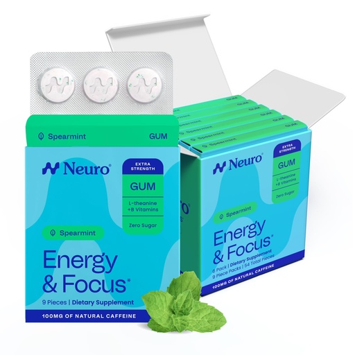 [BRSREZL5BMJRMAA4] Neuro Energy & Focus Gum, Extra Strength - 100mg Natural Caffeine Gum & Nootropic Energy Supplement with L-Theanine & B Vitamins - Sugar Free, Vegan - Spearmint, 54ct