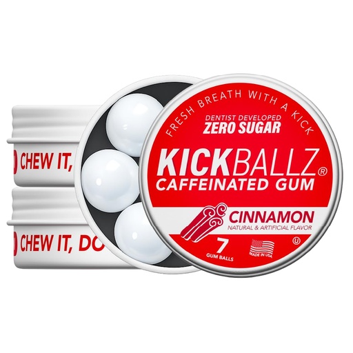 [BRSRAHAOBYFAMG34] KickBallz Cinnamon Caffeinated Energy Gum 110mg | Spicy Fast-Acting Caffeine Gum for Energy & Focus | Sugar-Free Nootropic Chew | Keto Pre-Workout Coffee Replacement | 3 Tins, 21 Pieces