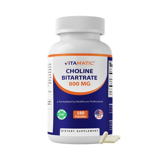 [BRSRGBLQOR5W2EYU] Vitamatic Choline Bitartrate 800 mg – 180 Vegetable Capsules – Non-GMO, Gluten Free – Made in USA