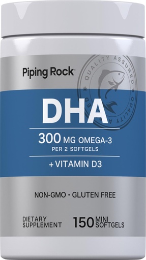 [BRSRGZAEDENBO3TA] Piping Rock DHA | 150 Mini Softgels | 300mg Omega-3 + Vitamin D3 | Non-GMO, Gluten Free Supplement