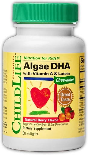 [BRSROYI5OAFBUFLO] ChildLife Essentials Algae DHA for Kids - Omega 3 Supplement & Fish Oil Alternative, Algae Oil for Toddlers & Children, No Added Sugar, Fatty Acids - Natural Berry Flavor, 60 Chewable Softgels