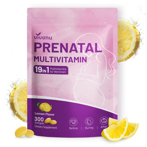 [BRSRGZYZBACWCG3F] VivoNu 19 in 1 Prenatal Vitamins for Women, Multivitamin, Vitamin C D3, K2, B6, B12 with Folic Acid, DHA, Choline, Probiotic, Iron, Calcium, Zinc & Magnesium, Lemon Flavor, 300 Softgels