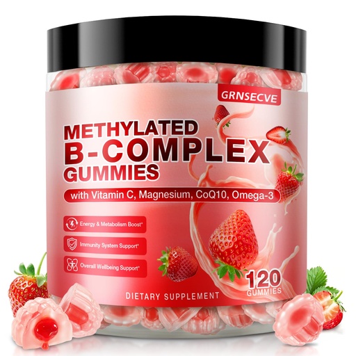 [BRSRGAY2C54B6A3Z] 14-IN-1 Methylated Vitamin B Complex Gummies for Women & Men, 120ct, All B Vitamins - Omega-3, Magnesium, Vitamin C, Methyl B12 2000 mcg, PABA, Supports Brain Health, Energy, Immune, Sugar Free, Vegan