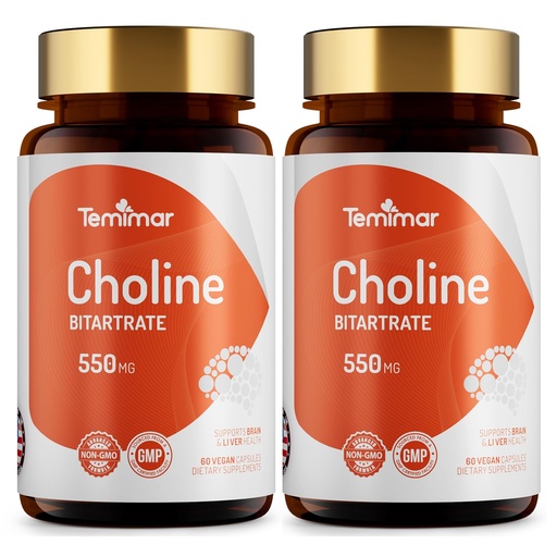 [BRSREH32CB4BGG3Z] Choline Supplements, Supports Liver & Brain Health, High Absorption Choline Bitartrate 550mg, Non-GMO, Gluten-Free, Made in USA, 120 Vegan Capsules