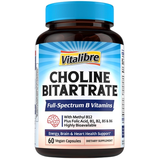 [BRSRAC36A4MWE3TH] Vitalibre Choline Bitartrate 300mg Supplements, with Folate, Methyl B12, Niacinamide, Non-GMO Bioavailable Complex, Energy, Brain, Liver Support, 60 Vegan Caps
