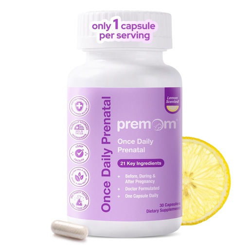 [BRSRYZQHBV7QY3A3] Premom Once Daily Prenatal Vitamins for Women, Multivitamin with Choline, Methylated Quatrefolic Folate, B12, B6, D3, & Vitamin C, Pregnancy Support for Mom & Baby*, No Iron, 30 Veggie Capsules, Lemon