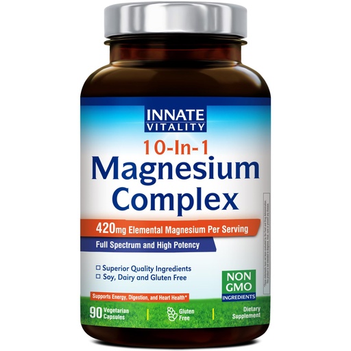 [BRSRAFD6AB5GYAL4] Innate Vitality 10-in-1 Magnesium Complex 960mg, 420mg Elemental Mag per Serving, with Magnesium Glycinate, Citrate, Malate, and More, Sleep, Digestion, Energy Support, 90 Vegan Caps